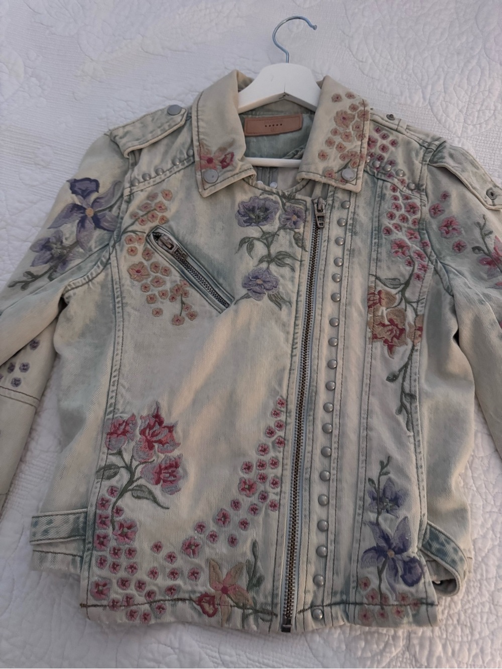 Blank NYC Cream Floral Embroidered Denim Moto Jacket
